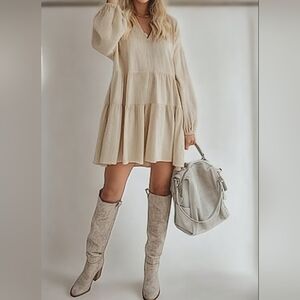 FANCYINN Long Sleeve Tiered Babydoll Mini Dress W/ Pockets Size Medium